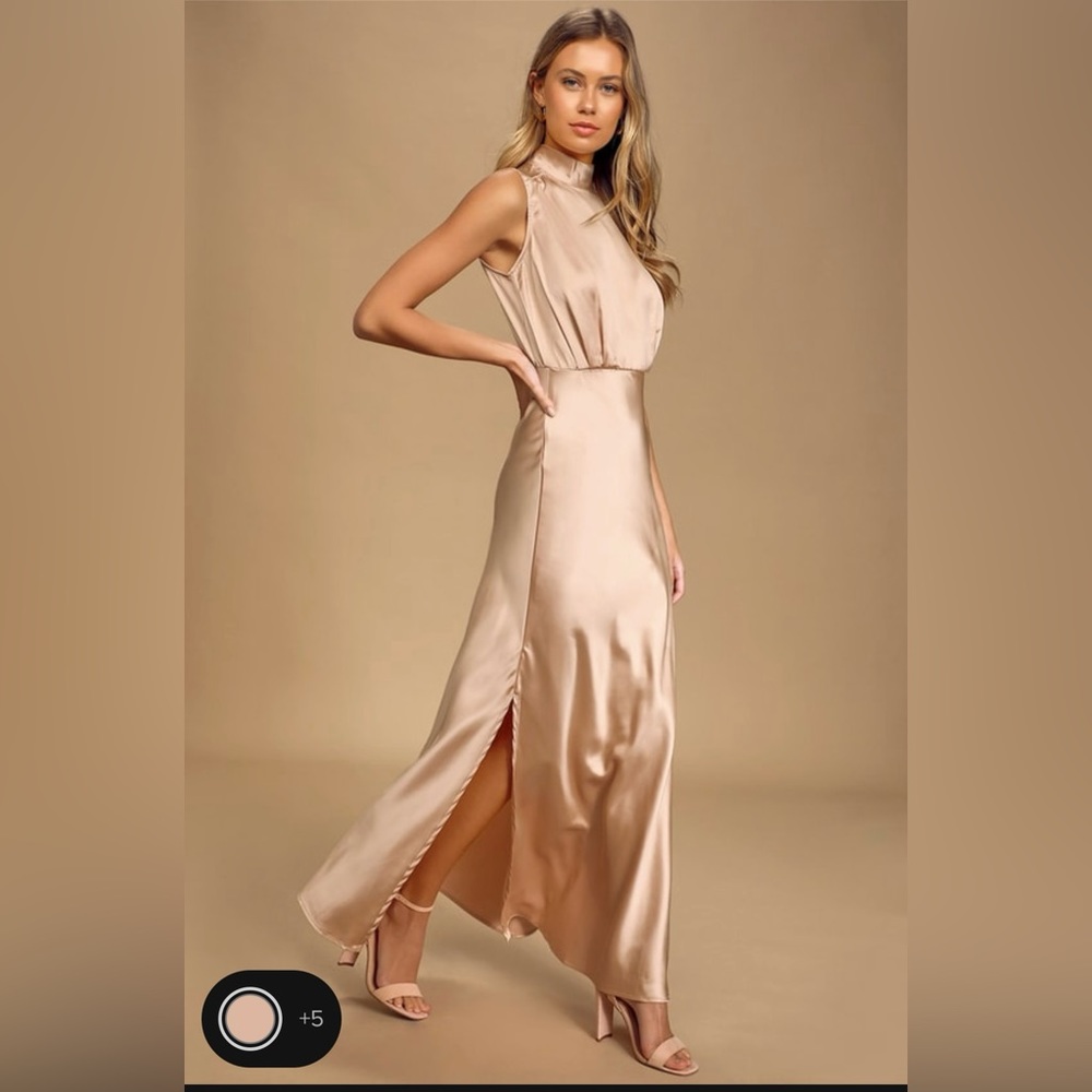 Classic Elegance Blush Satin Sleeveless Mock Neck Maxi Dress